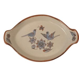 KEN EDWARDS BLUEBIRD Pottery 14" Oval Handled Platter EL PALOMAR Mexico AuGratin